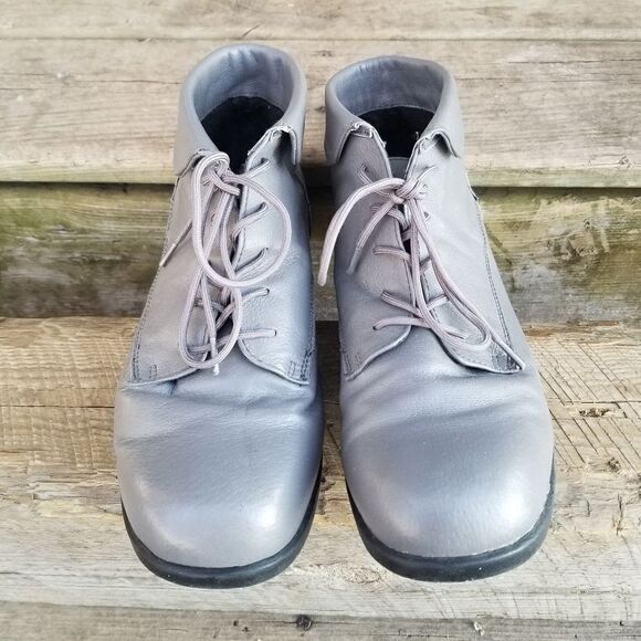 Vintage 90s y2k Steampunk Granny Punk Gray Leather Lace-up Heeled Boots Booties - Picture 4 of 10